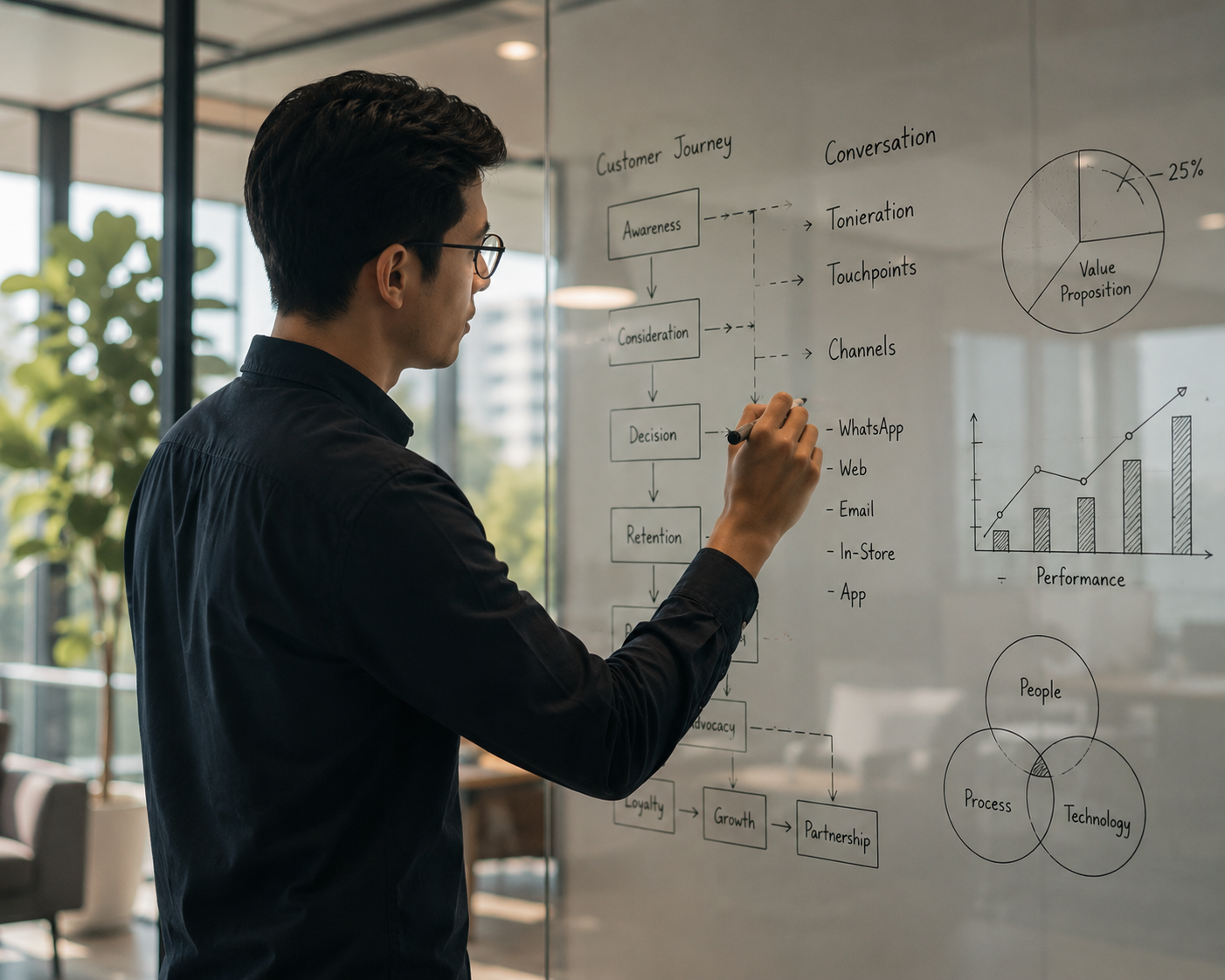 SCL strategist mapping conversational CRM journeys on a planning wall